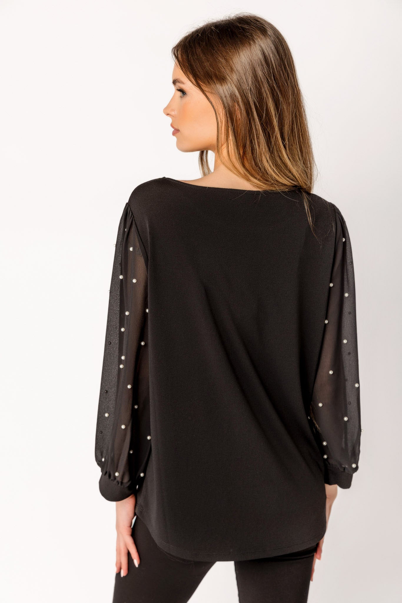 Beaded Mesh Long Sleeve Scoopneck Top