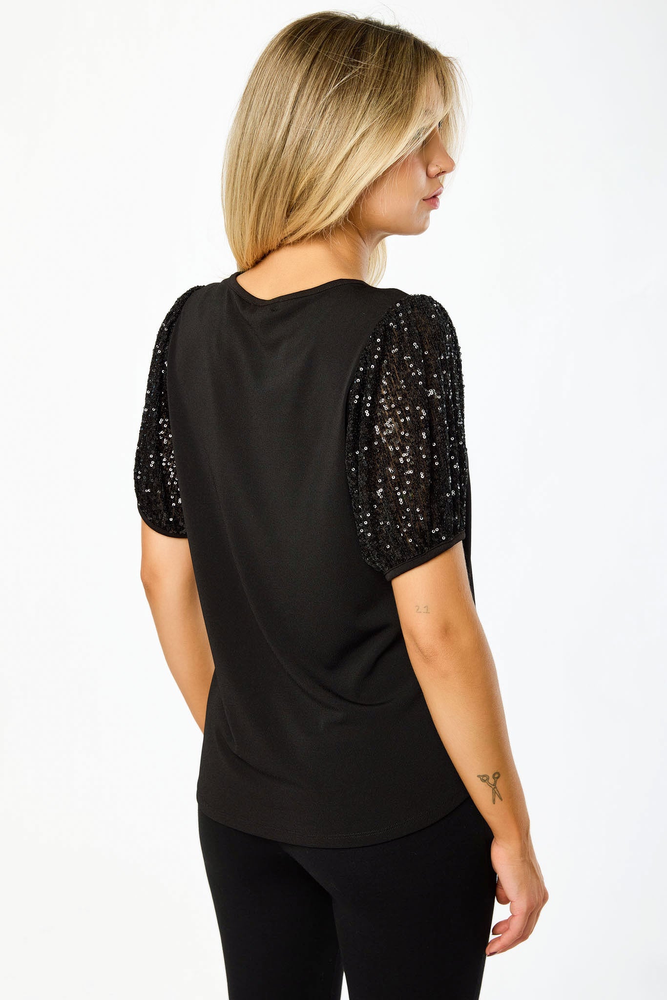 Crew-Neck Sequin Puff-Sleeve Knit Crepe Top