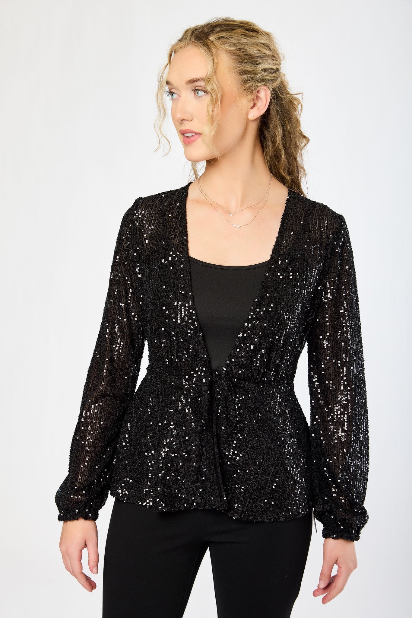 Balloon-Sleeve Tie-Front Sequin Top