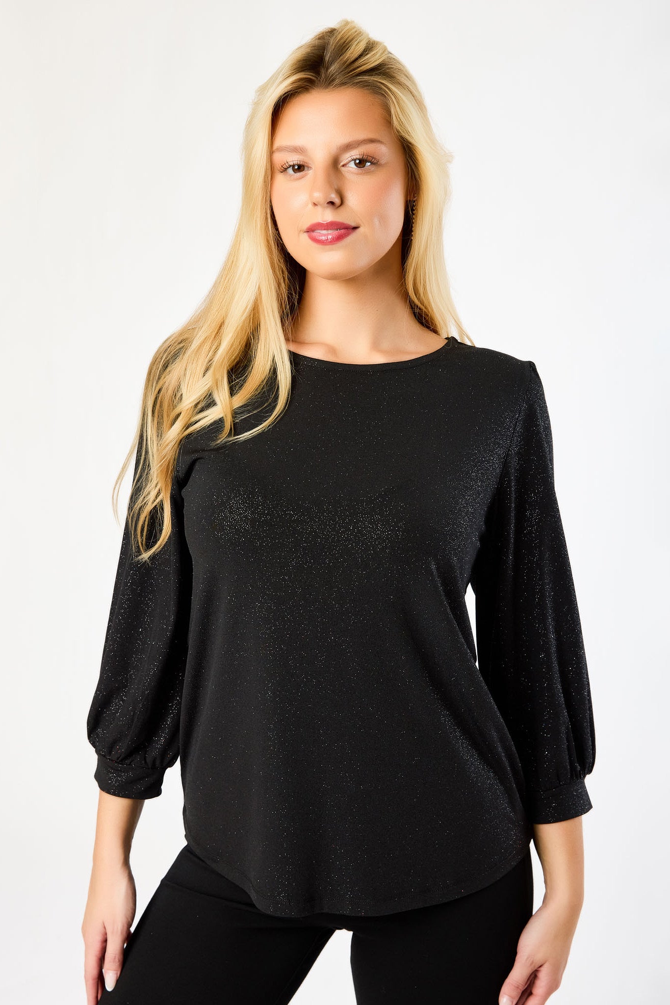 Crew-Neck Balloon 3/4 Sleeve Glitter Top with Shirttail Hem