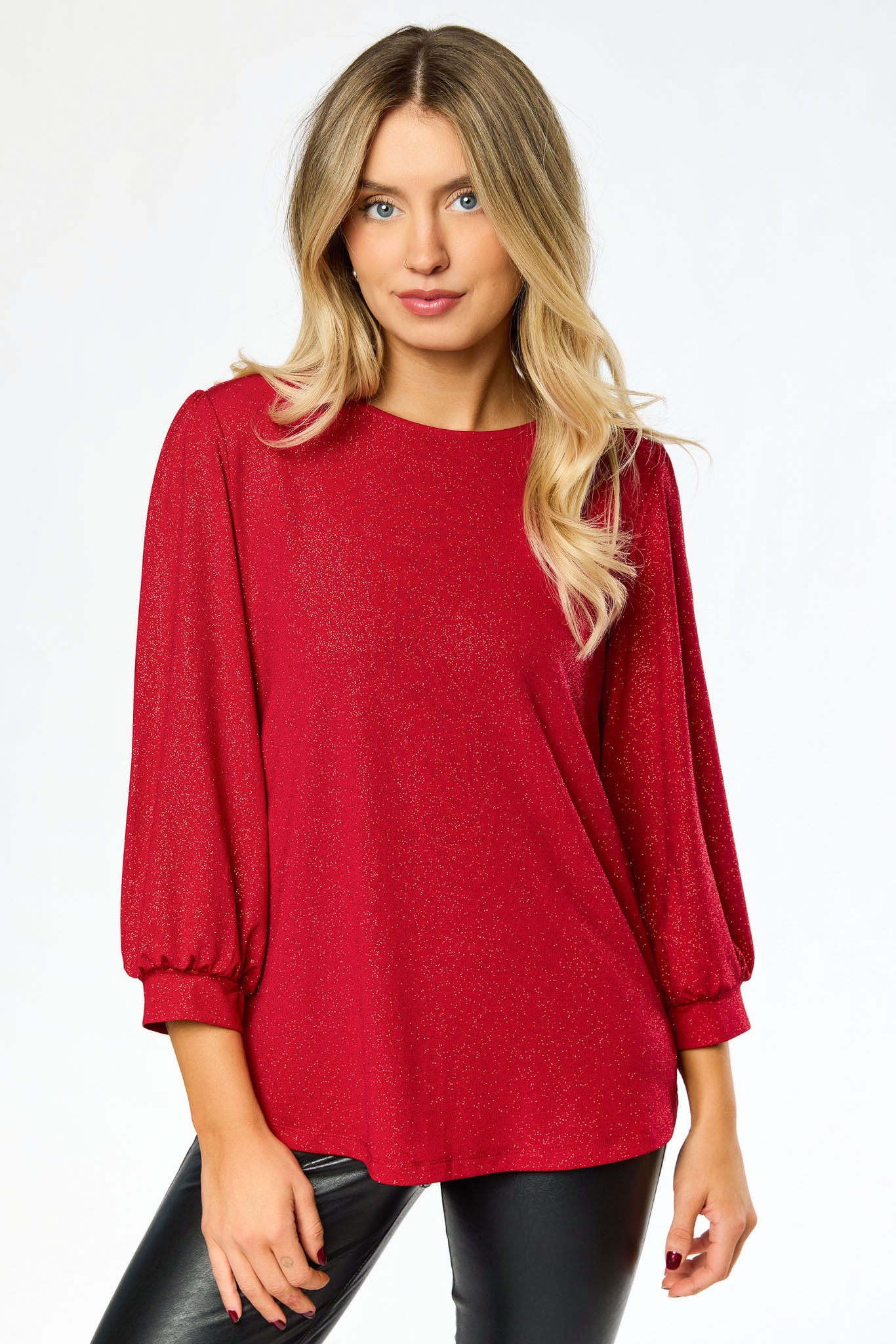 Crew-Neck Balloon 3/4 Sleeve Glitter Top with Shirttail Hem
