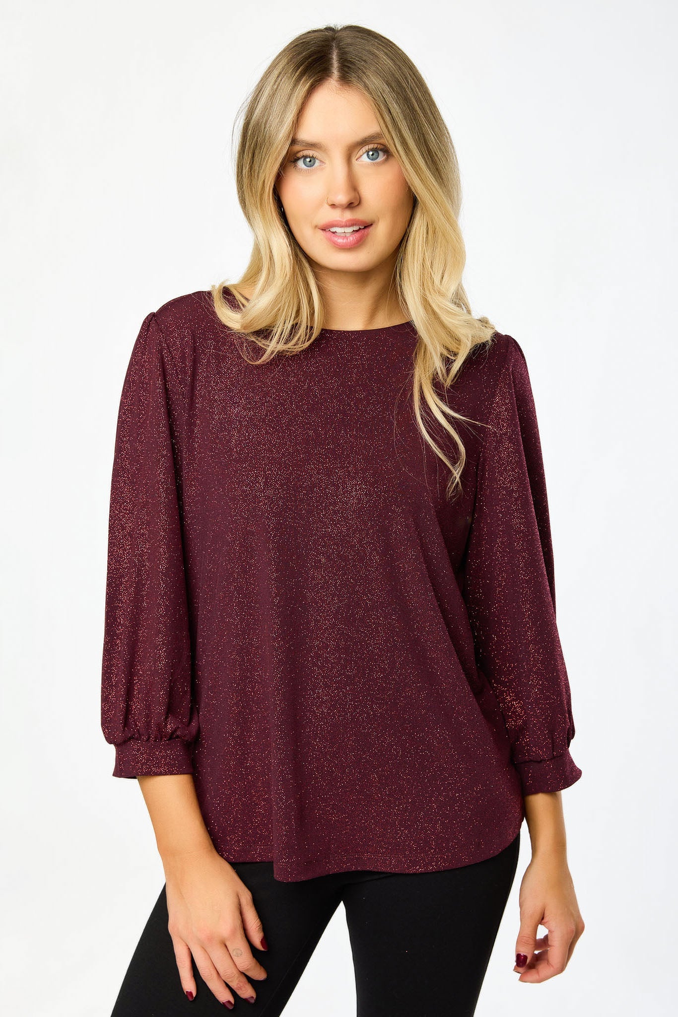 Crew-Neck Balloon 3/4 Sleeve Glitter Top with Shirttail Hem