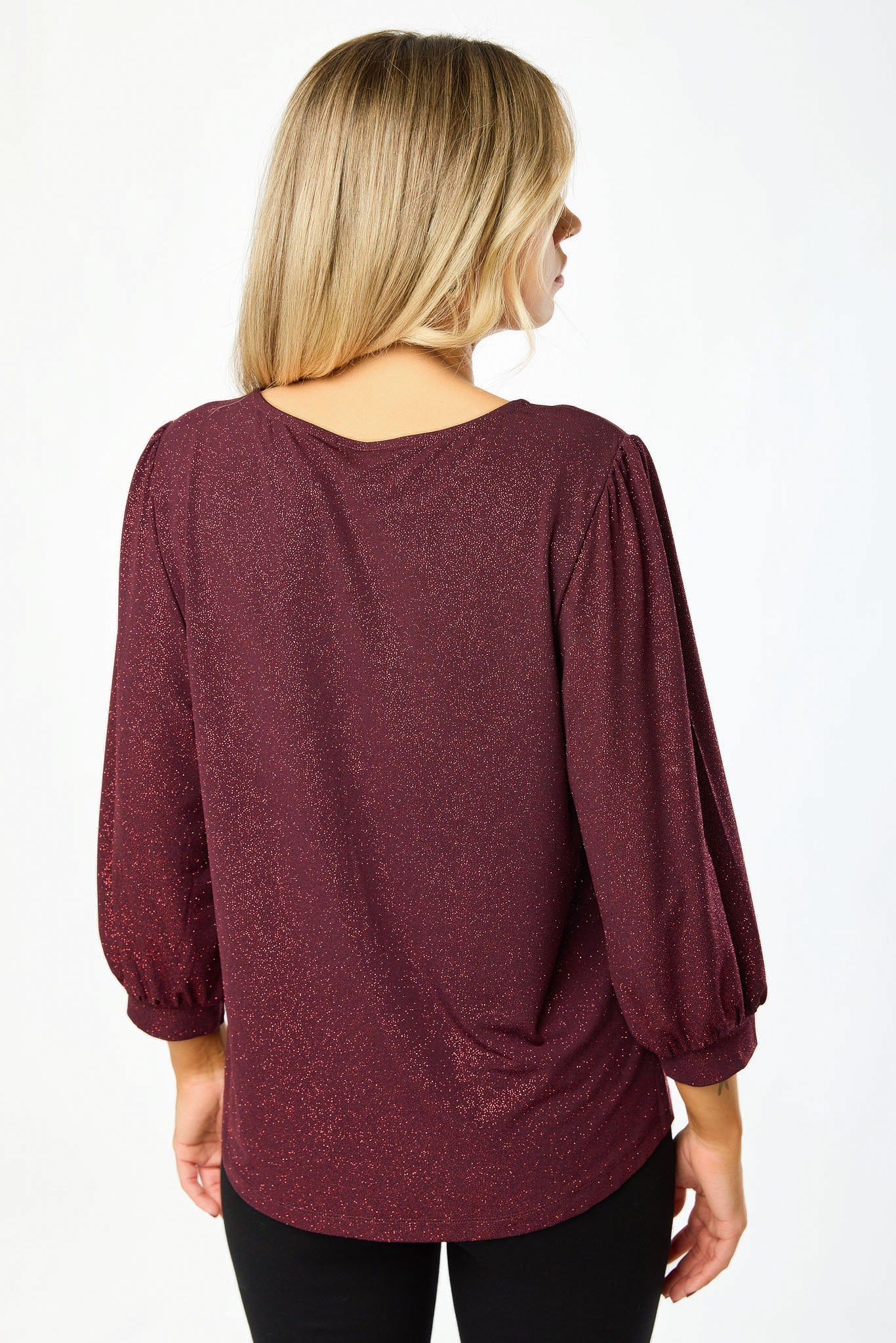 Crew-Neck Balloon 3/4 Sleeve Glitter Top with Shirttail Hem