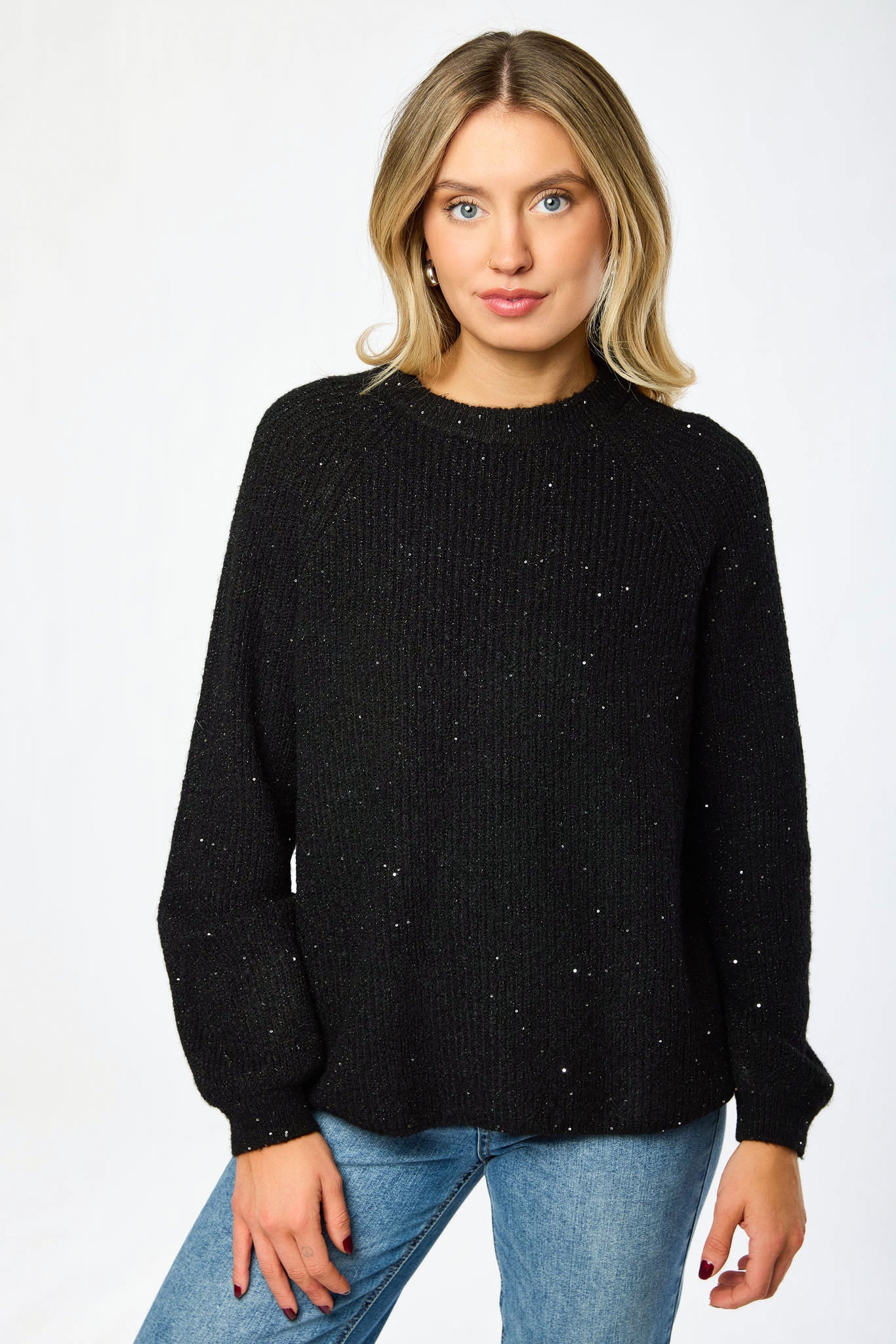Sequin Crew-Neck Balloon-Sleeve Sweater