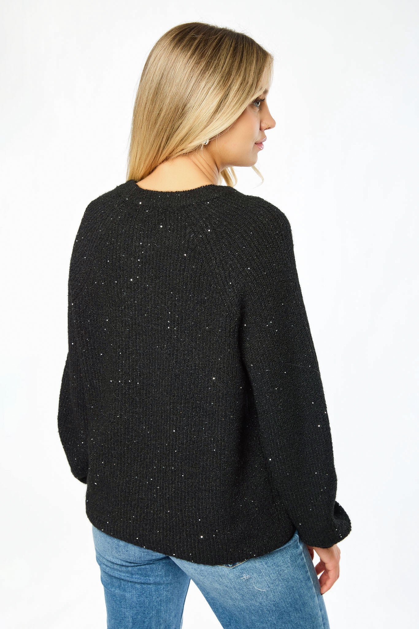 Sequin Crew-Neck Balloon-Sleeve Sweater