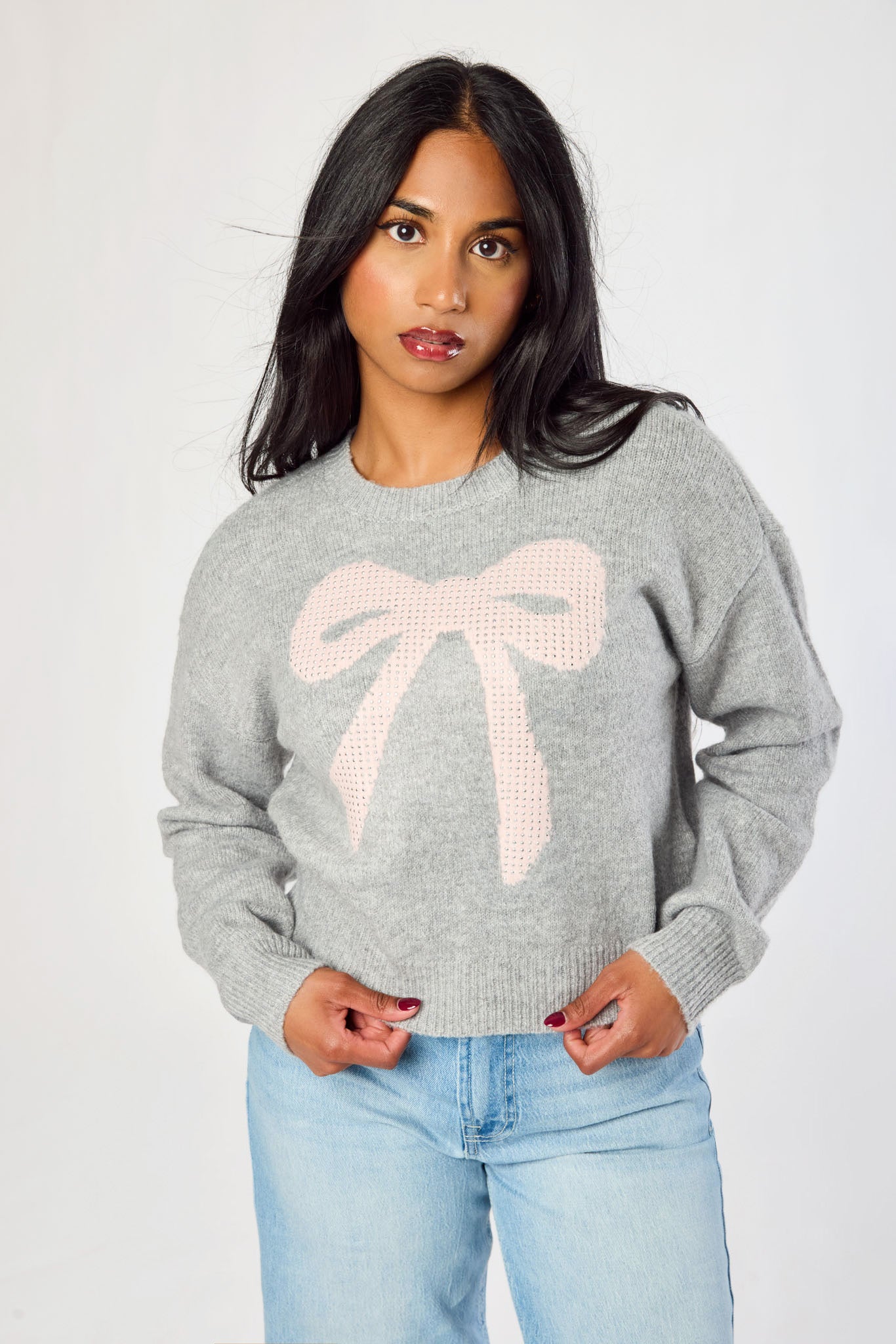 Rhinestone Bow Jacquard Sweater