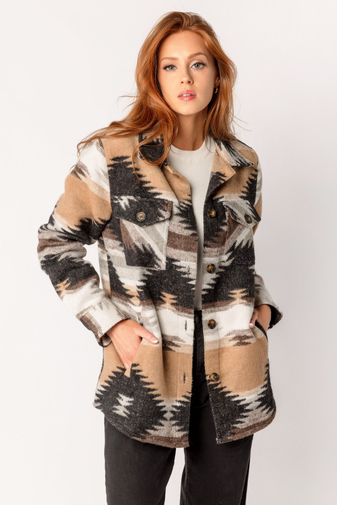 Charcoal and Camel Brushed Patterned Shacket