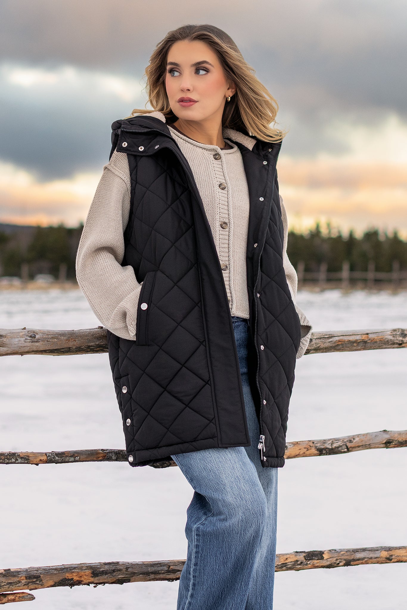 Quilted Puffer Midi Vest with Sherpa Lined Hood