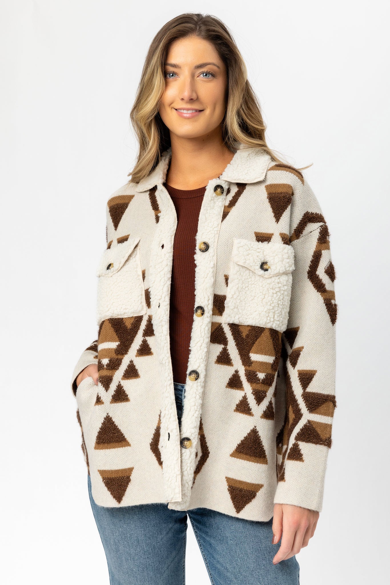 Abstract Oversized Shacket with Sherpa Trims
