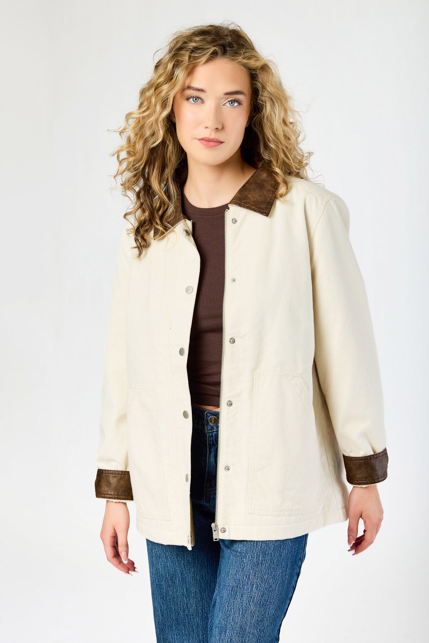 Faux-Leather Collar Canvas Barn Jacket
