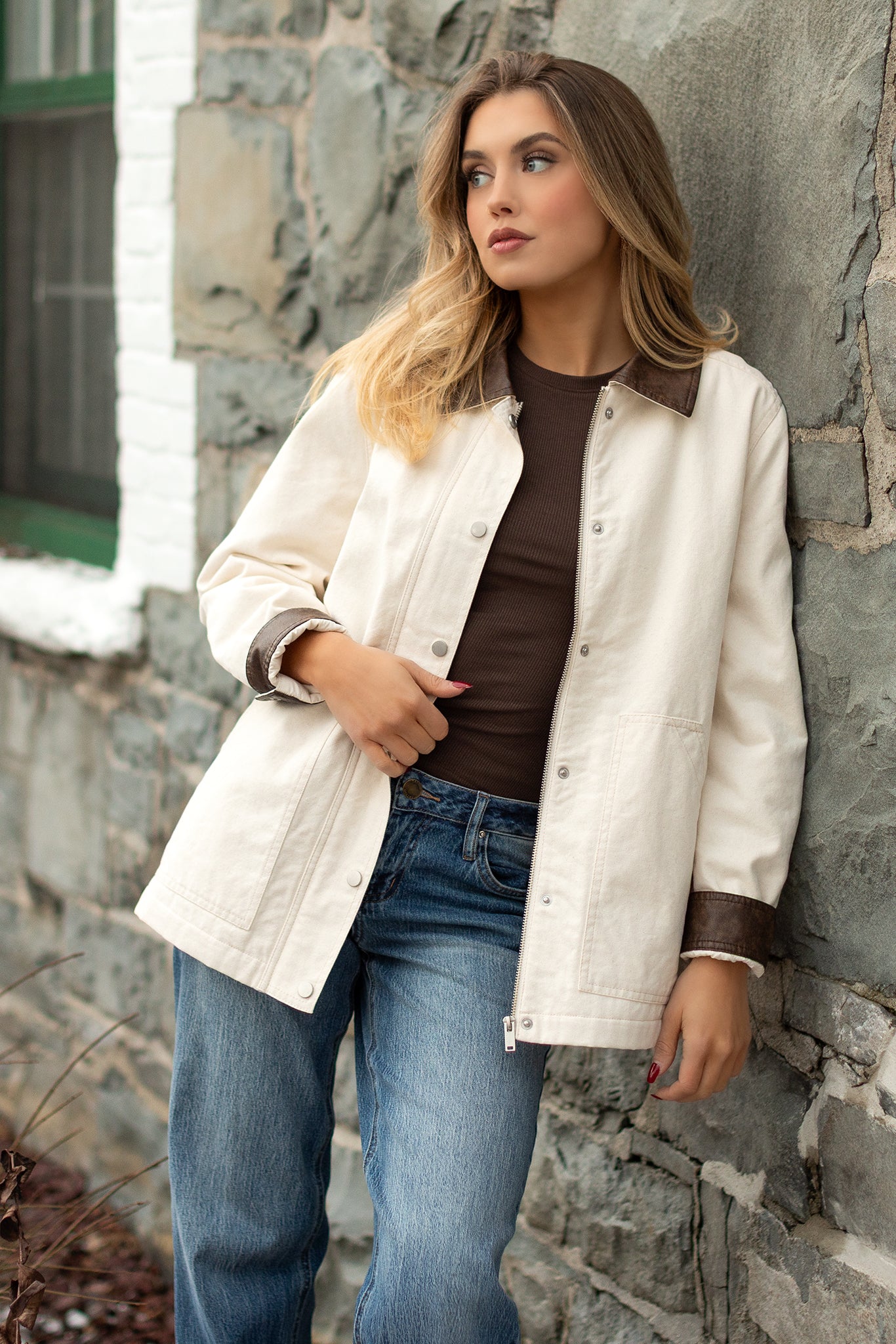 Faux-Leather Collar Canvas Barn Jacket