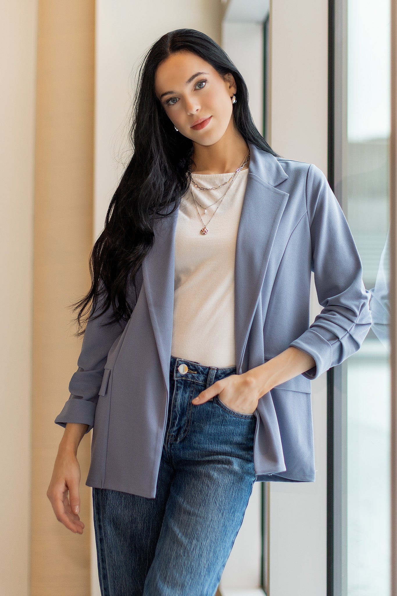 Stretch Crepe Blazer with Ruched Sleeves