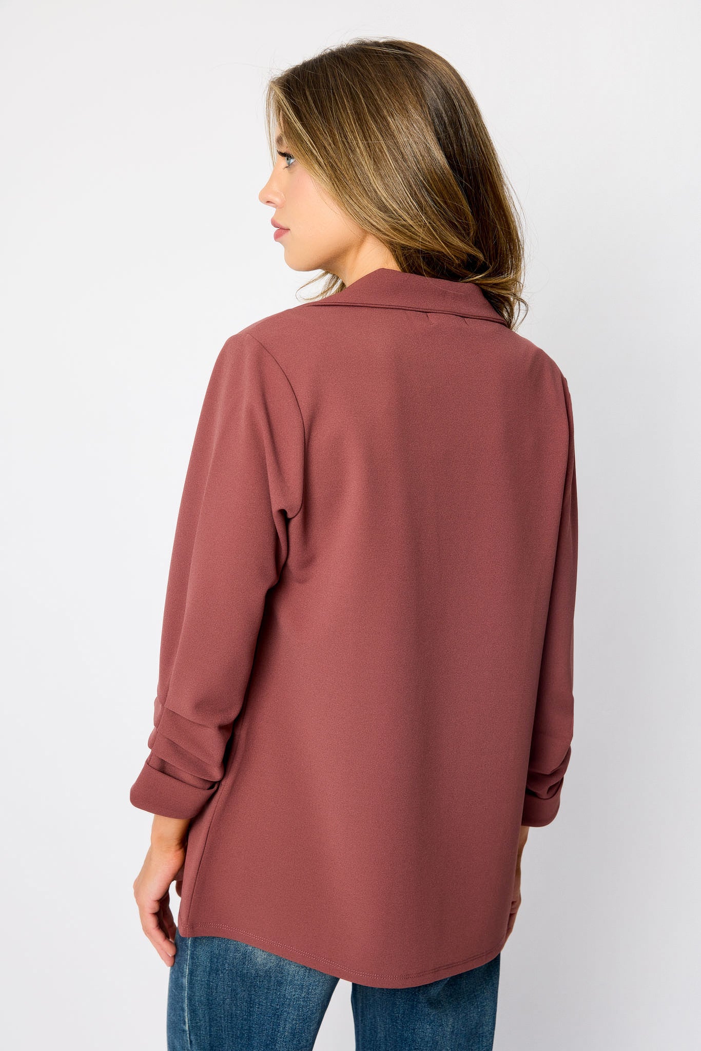 Stretch Crepe Blazer with Ruched Sleeves