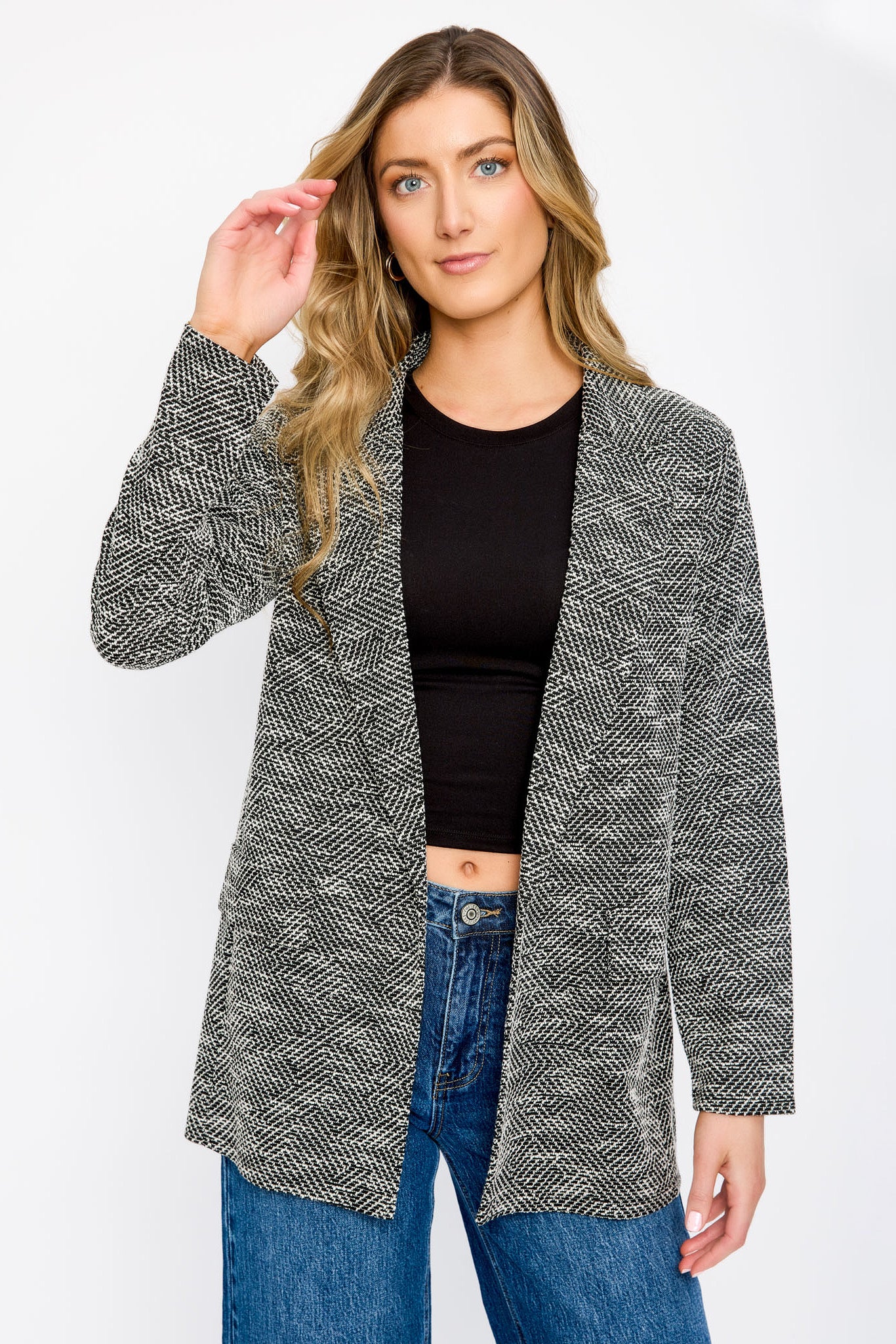 Flap Pockets Tweed Blazer in Black