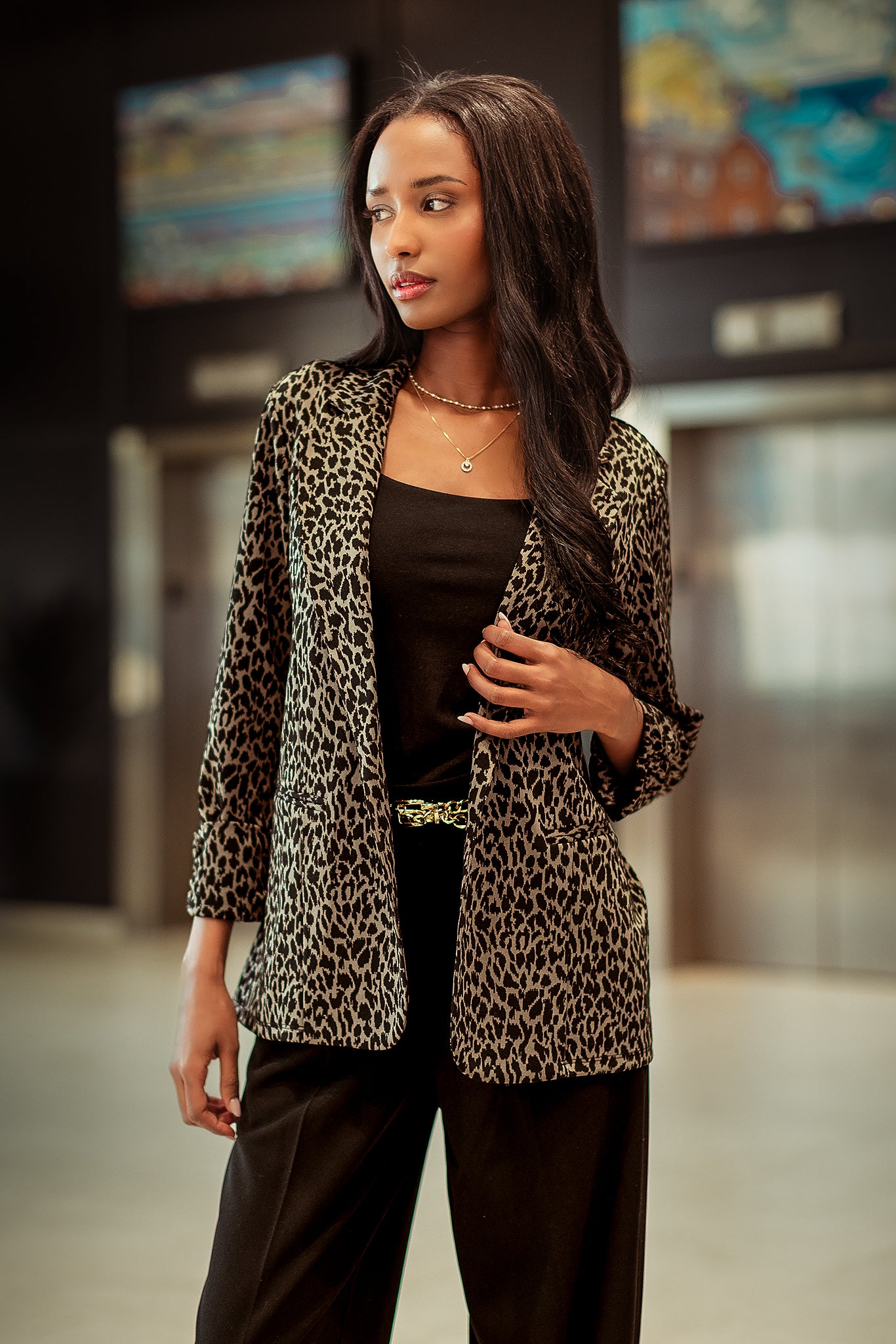Animal Print Blazer with Ruched Cuffs