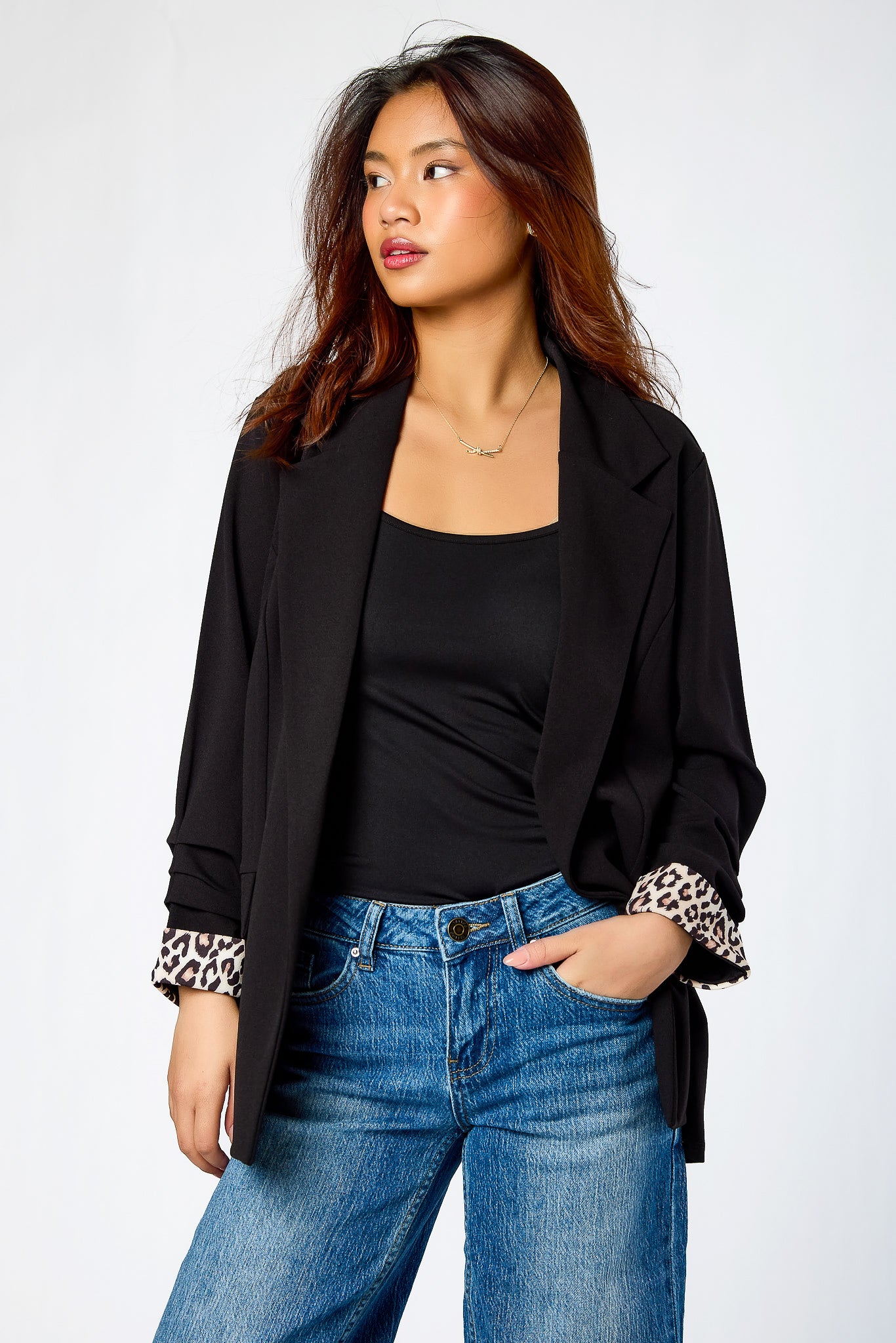 Stretch Crepe Blazer with Ruched Sleeves and Leopard Print Cuff