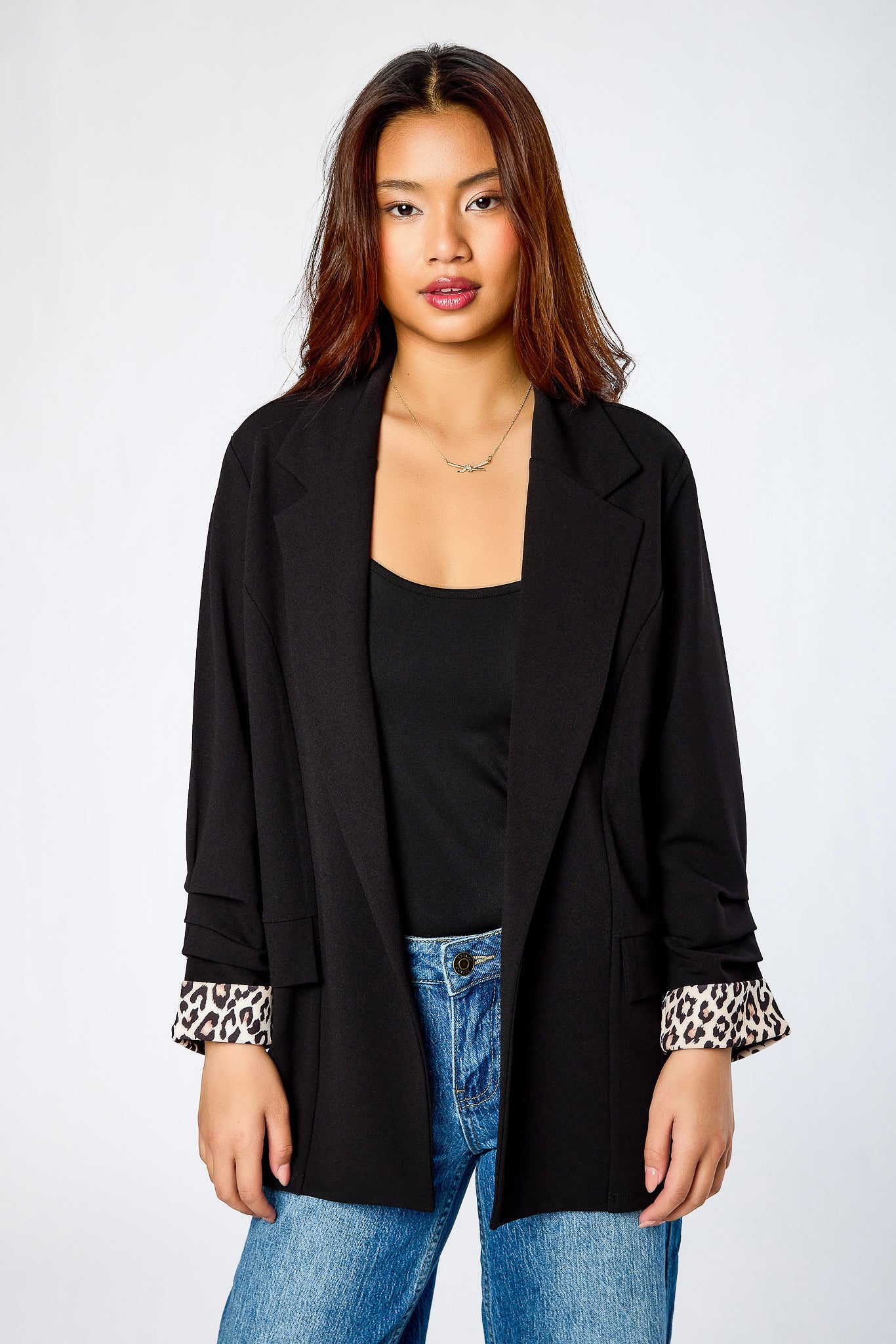 Stretch Crepe Blazer with Ruched Sleeves and Leopard Print Cuff