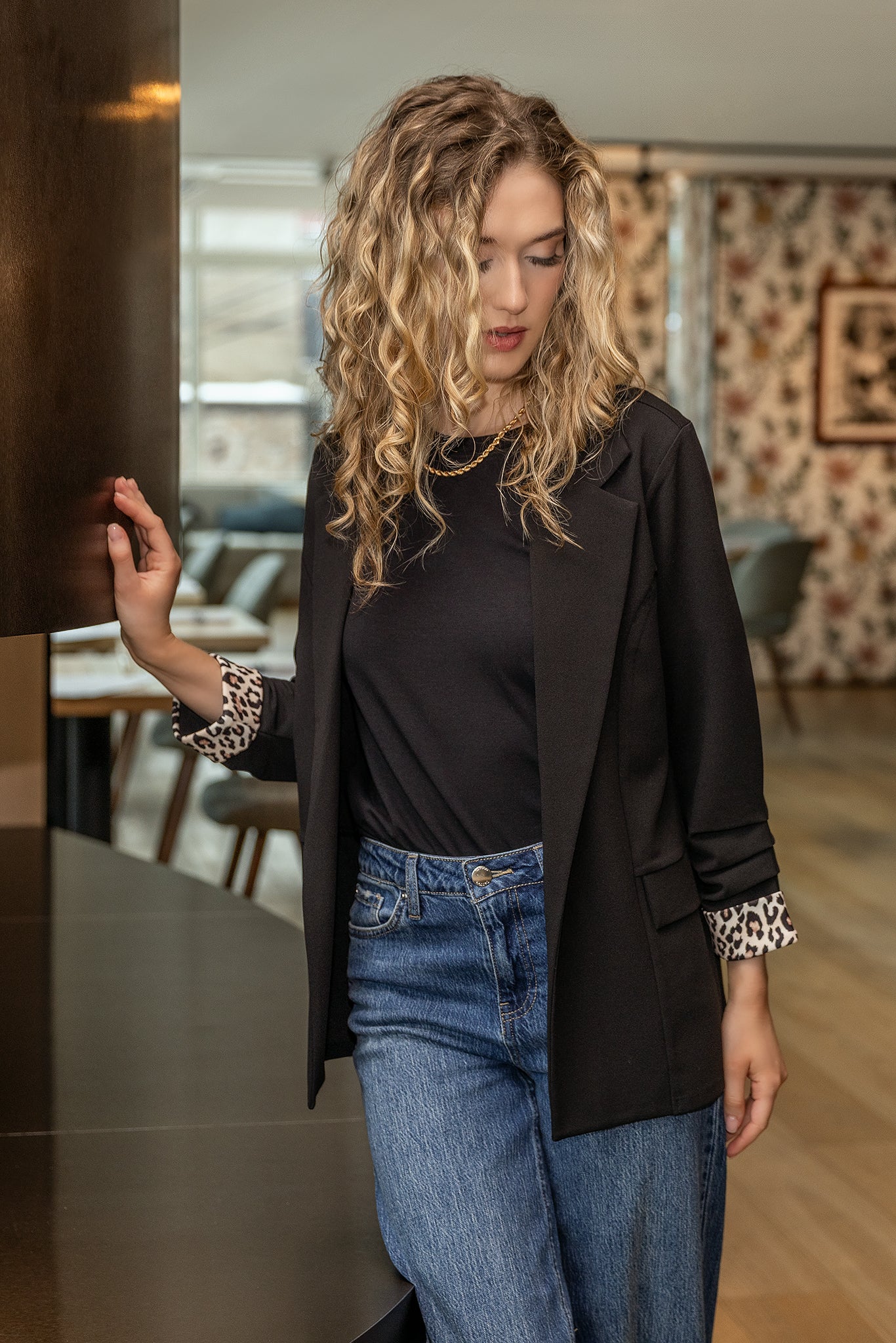 Stretch Crepe Blazer with Ruched Sleeves and Leopard Print Cuff