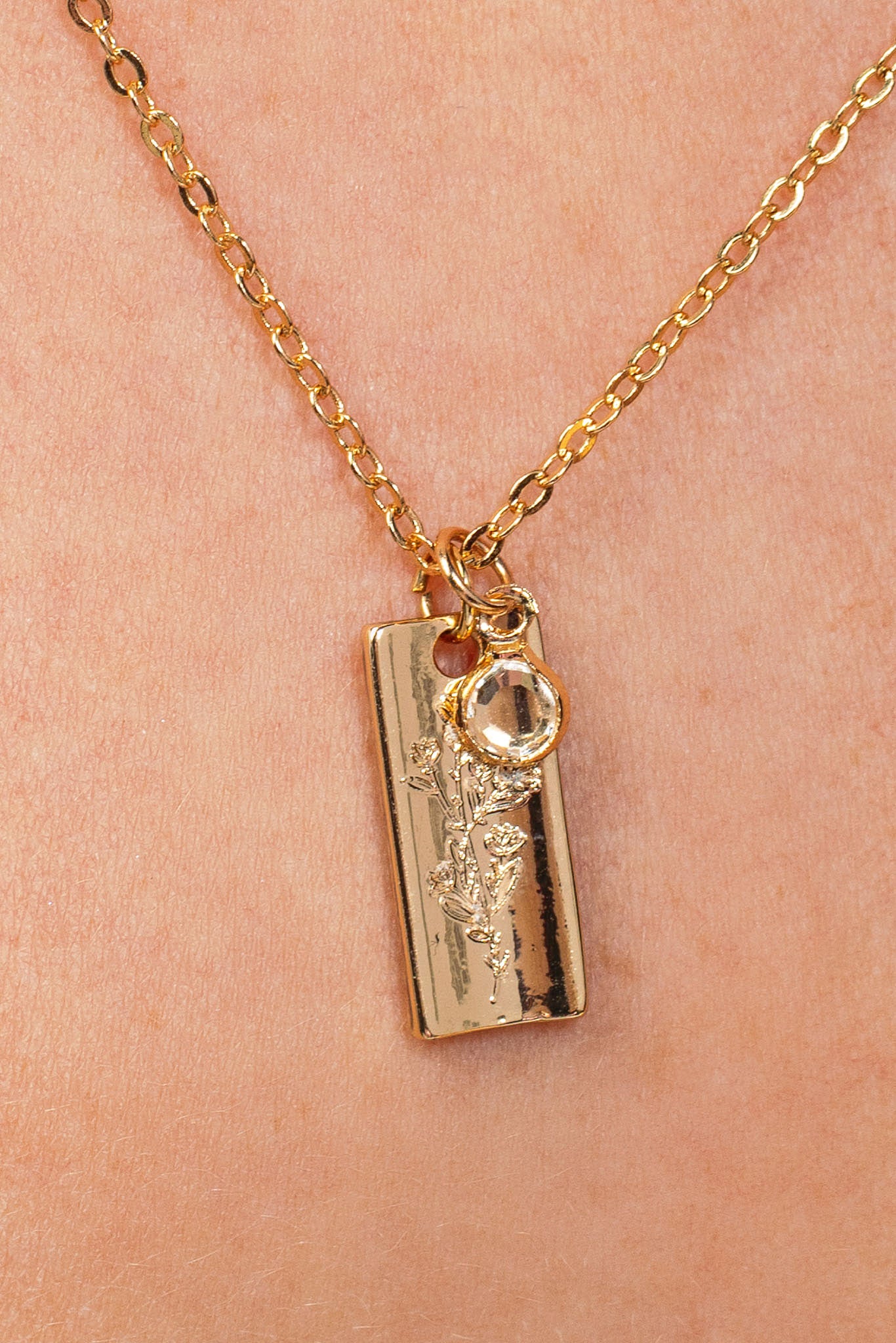 Flower Rectangle Pendant and Rhinestone Necklace