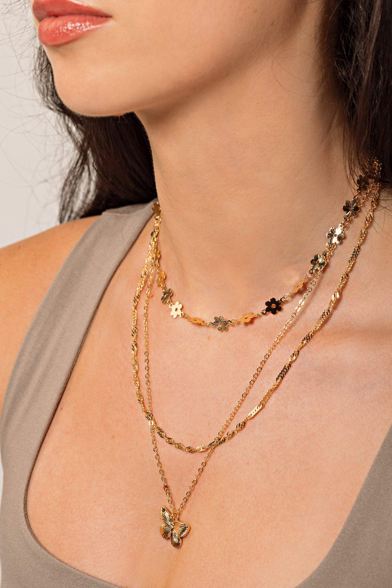 Triple Strand Necklace with Flowers and Butterfly