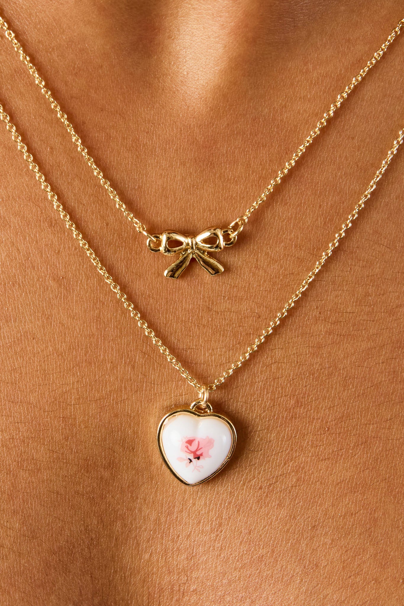 Floral Heart Bow Double-Row Chain Necklace