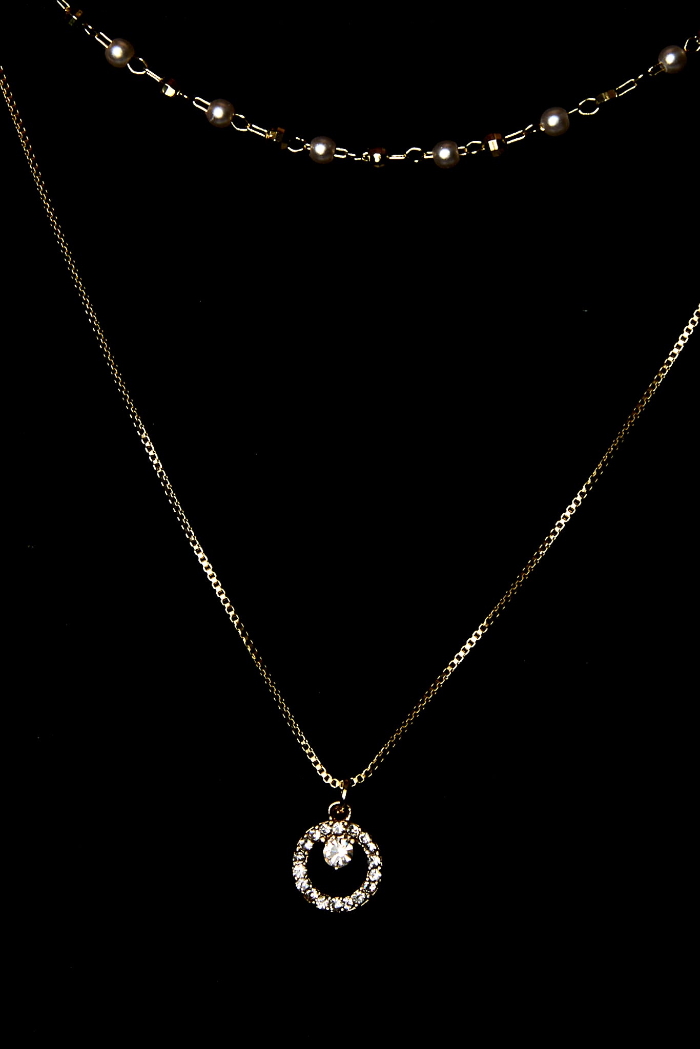 Double Strand Necklace with Pearls and Rhinestone Circle