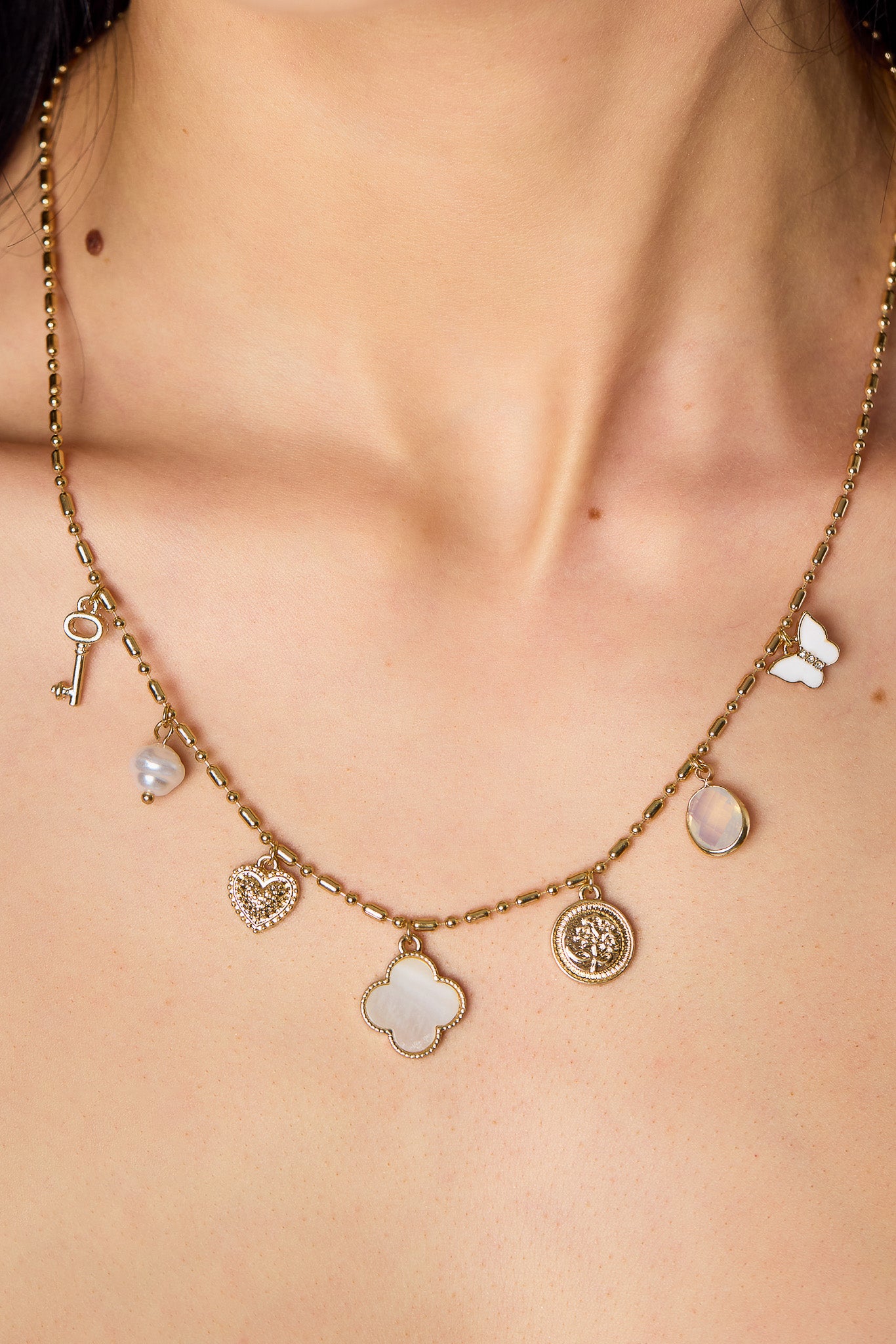 Clover, Butterfly & Key Charm Necklace