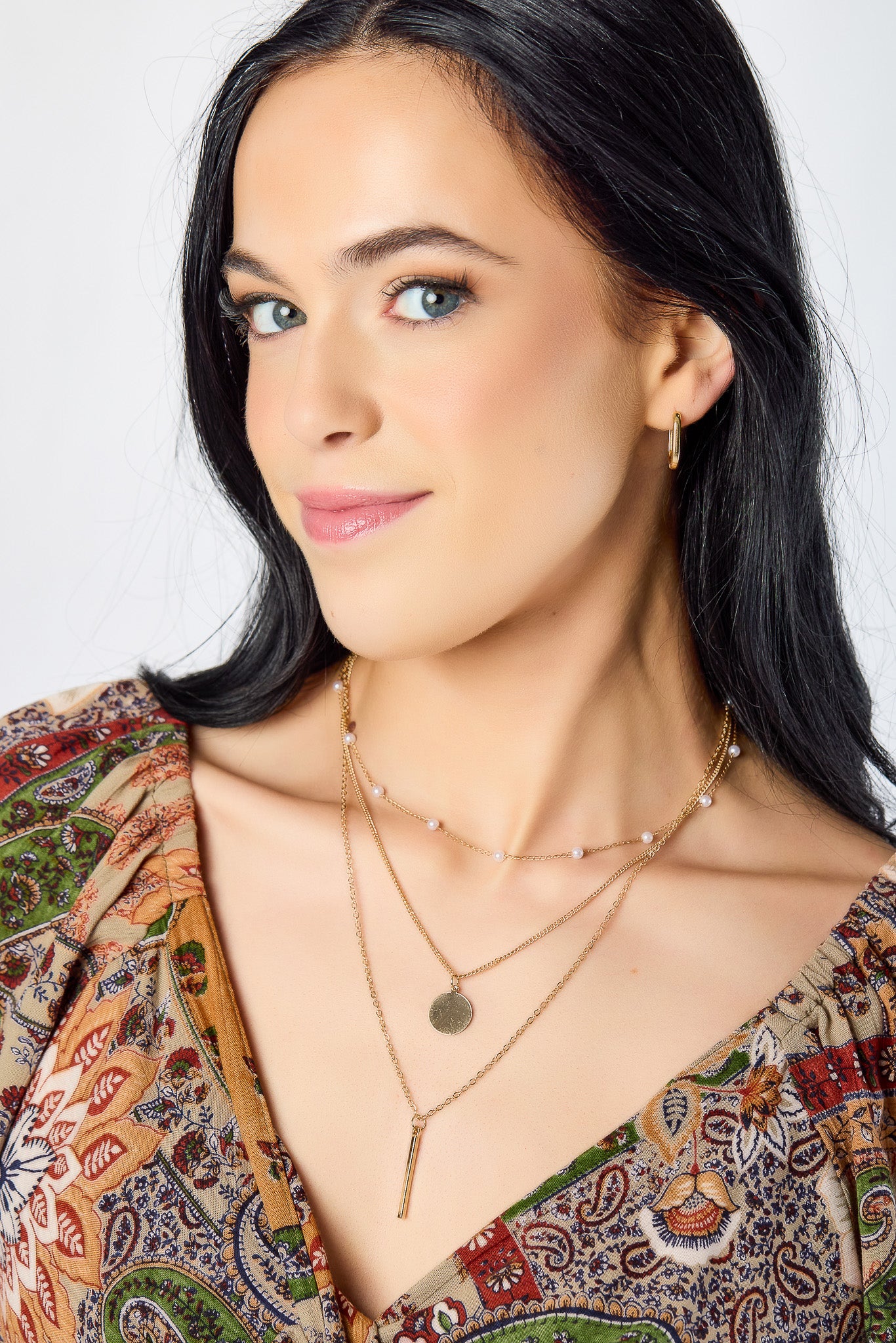 Triple Layer Pearl Necklace with Circle Pendant &amp; Bar