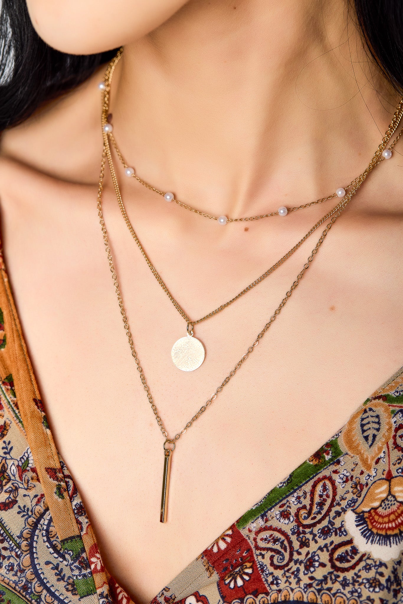 Triple Layer Pearl Necklace with Circle Pendant &amp; Bar