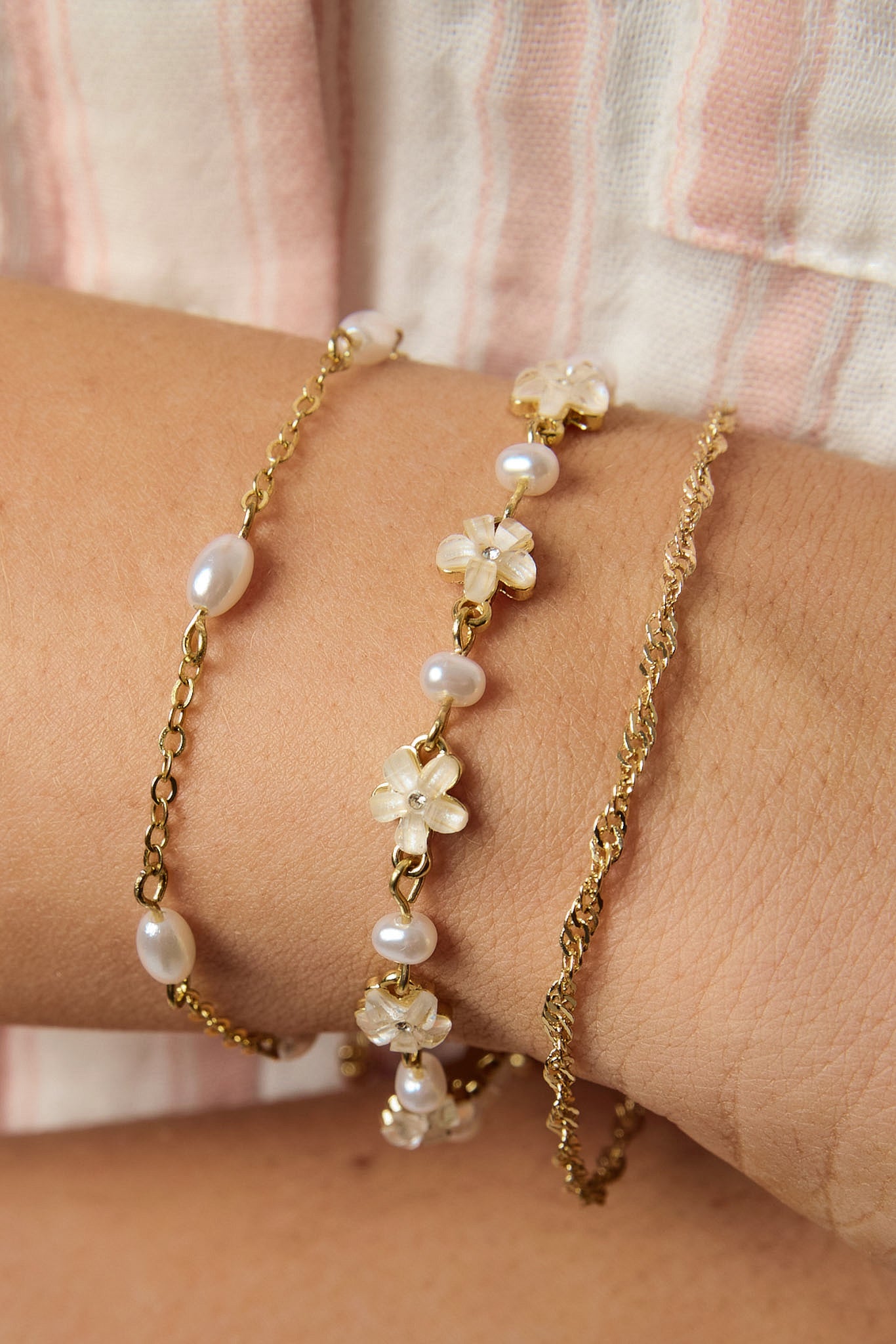 3-Piece Flower &amp; Pearl Bracelet Set